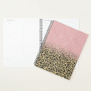 Elegante Rose Gold Glitzer Black Leopard Print Planer