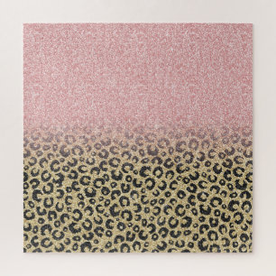 Elegante Rose Gold Glitzer Black Leopard Print Puzzle