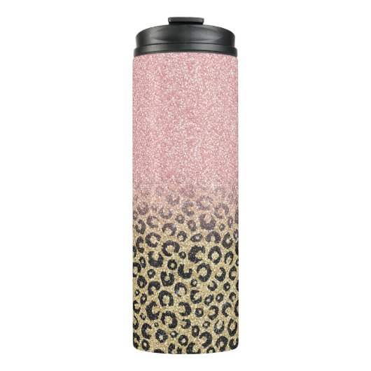 Elegante Rose Gold Glitzer Black Leopard Print Thermosbecher (Vorderseite)