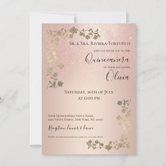 Elegante Rose Gold Glitzer Blumenstrauß Foto Quinc Einladung (Rückseite)