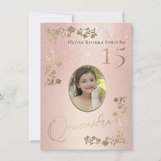 Elegante Rose Gold Glitzer Blumenstrauß Foto Quinc Einladung (Vorderseite)