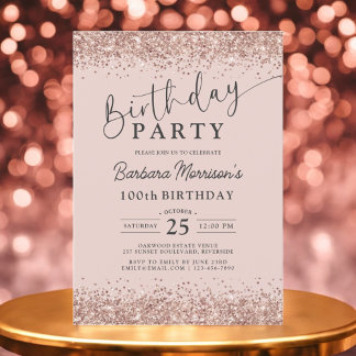 Elegante Rose Gold Glitzer Blush 100. Geburtstag Einladung