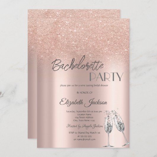 Elegante Rose Gold Glitzer Bokeh Bachelorette Einladung (Vorne/Hinten)
