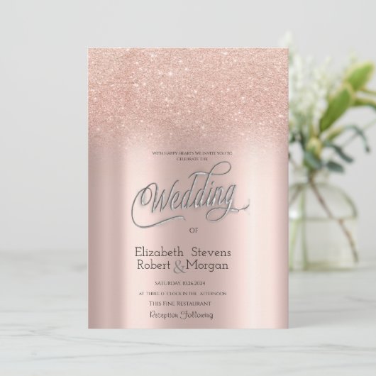 Elegante Rose Gold Glitzer Bokeh Wedding Einladung (Stehend Vorderseite)