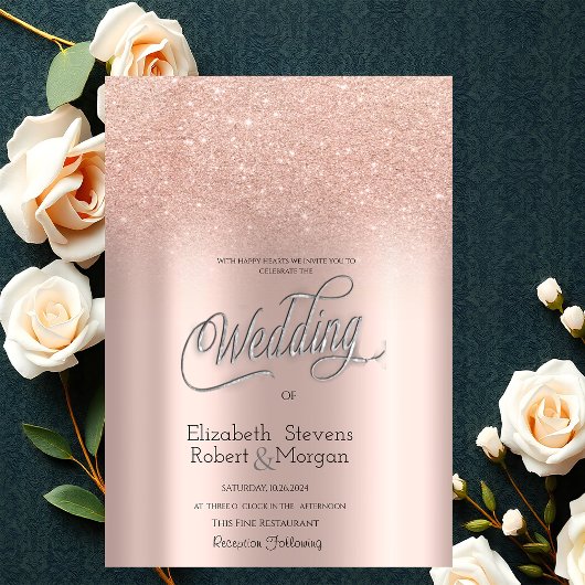 Elegante Rose Gold Glitzer Bokeh Wedding Einladung