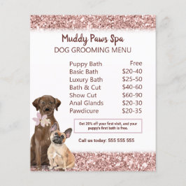 Elegante Rose Gold Glitzer Dog Grooming Menu Flyer