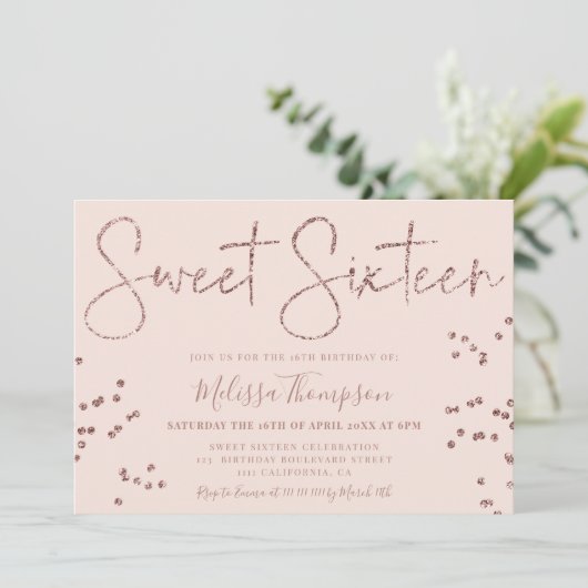 Elegante Rose Gold Glitzer Drehbuch Rosa Süße 16 Einladung (Stehend Vorderseite)