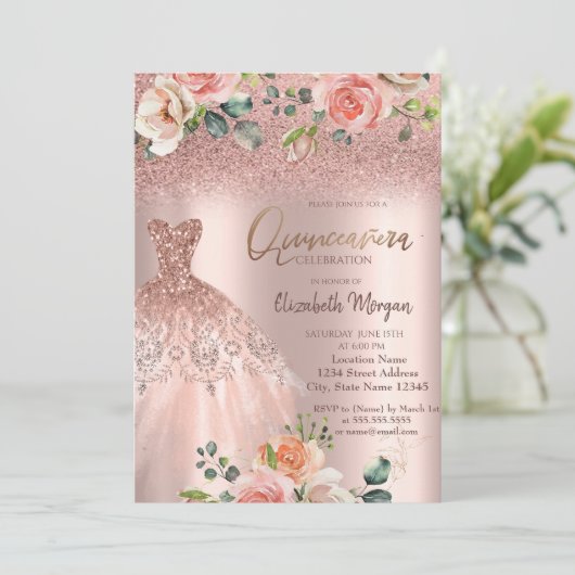 Elegante Rose Gold Glitzer Dress Rose Quinceañera Einladung (Stehend Vorderseite)