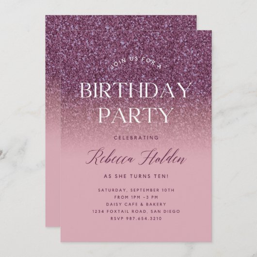 Elegante Rose Gold Glitzer Einladung zum Geburtsta (Vorne/Hinten)