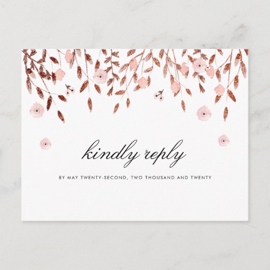Elegante Rose Gold Glitzer | Floral Wedding RSVP Einladungspostkarte (Vorderseite)