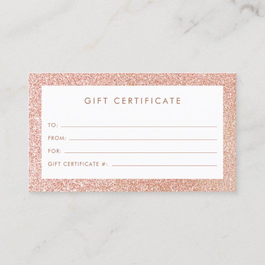 Elegante Rose Gold Glitzer Geschenkgutschein-Karte Empfehlungskarte (Rückseite)