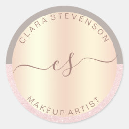 Elegante Rose Gold Glitzer & Grau Make-up Künstler Runder Aufkleber