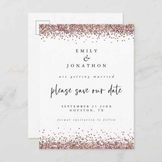 Elegante Rose Gold Glitzer Hochzeit Weiß Rett Datu Ankündigungspostkarte (Vorne/Hinten)
