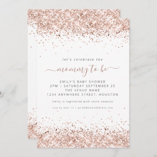 Elegante Rose Gold Glitzer Kinderdusche Einladung (Vorne/Hinten)