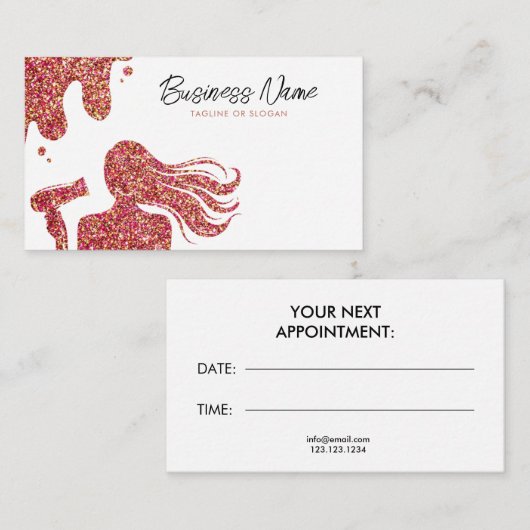 Elegante Rose Gold Glitzer Lady Haidresser Terminkarte (Vorne/Hinten)