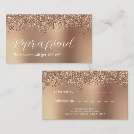 Elegante Rose Gold Glitzer Make-up & haar Empfehlungskarte (Vorne/Hinten)