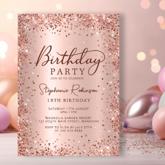 Elegante Rose Gold Glitzer Metal 18. Geburtstag Einladung