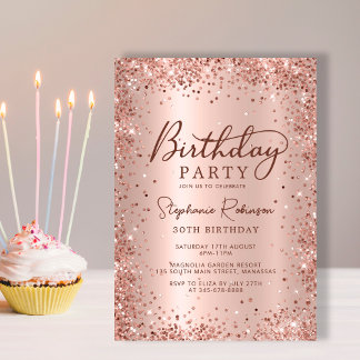 Elegante Rose Gold Glitzer Metal 30. Geburtstag Einladung
