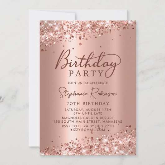 Elegante Rose Gold Glitzer Metallfolie 70. Geburts Einladung (Vorderseite)