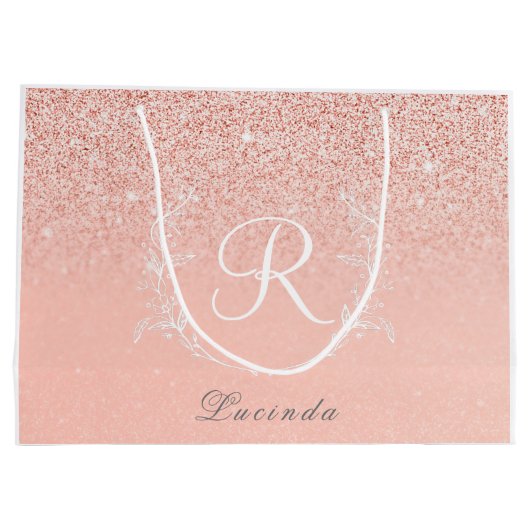 Elegante Rose Gold Glitzer Monogram Große Geschenktüte (Rückseite)