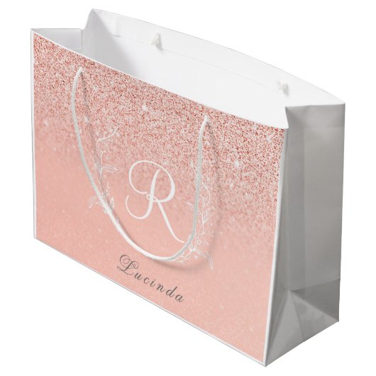 Elegante Rose Gold Glitzer Monogram Große Geschenktüte (Rückseite Schrägansicht)