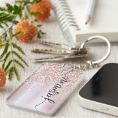 Elegante Rose Gold Glitzer Monogram Name Script Ke Schlüsselanhänger (Vorderseite rechts)