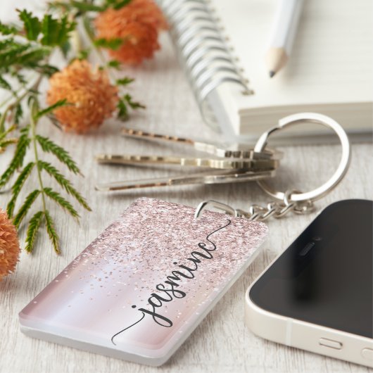 Elegante Rose Gold Glitzer Monogram Name Script Ke Schlüsselanhänger (Vorderseite rechts)