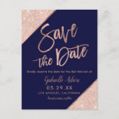 Elegante Rose Gold Glitzer Navy Blue Bat Mitzvah Ankündigungspostkarte (Vorderseite)