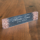 Elegante Rose Gold Glitzer Navy Blue Foil Namensplakette (Seite)