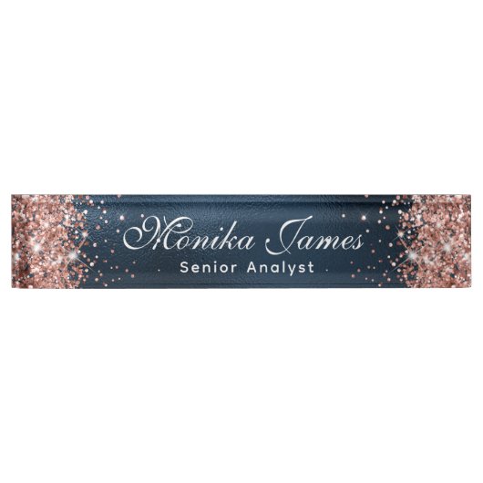 Elegante Rose Gold Glitzer Navy Blue Foil Namensplakette (Vorderseite)