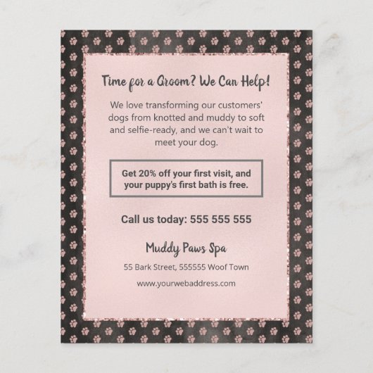 Elegante Rose Gold Glitzer Paws Dog Grooming Menu Flyer (Hinten)