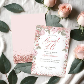 Elegante Rose Gold Glitzer Peony Florals Sweet 16 Einladung