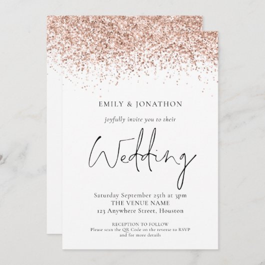 Elegante Rose Gold Glitzer QR Code Hochzeit Einladung (Vorne/Hinten)