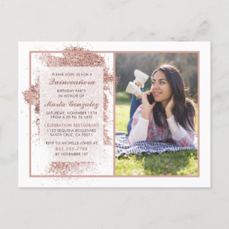 Elegante Rose Gold Glitzer Quinceañera Party Foto Einladungspostkarte
