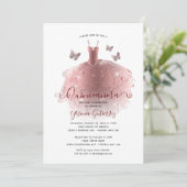 Elegante Rose Gold Glitzer Quinceñera Kleid Einladung (Stehend Vorderseite)