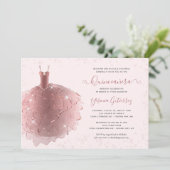 Elegante Rose Gold Glitzer Quinceñera Kleid Einladung (Stehend Vorderseite)