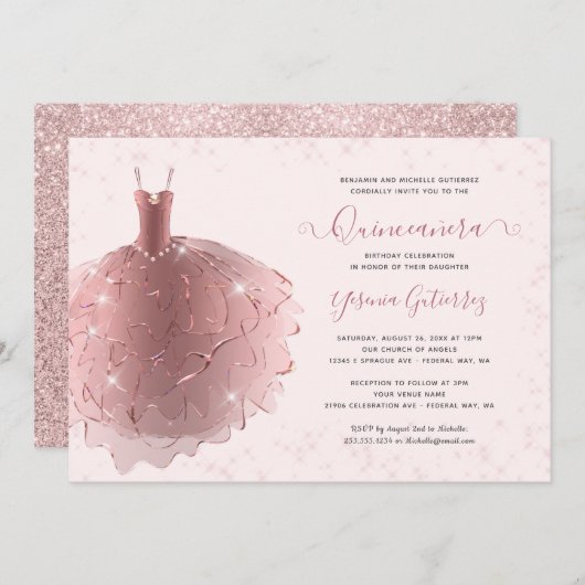 Elegante Rose Gold Glitzer Quinceñera Kleid Einladung (Vorne/Hinten)