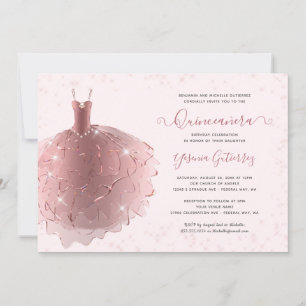 Elegante Rose Gold Glitzer Quinceñera Kleid Einladung