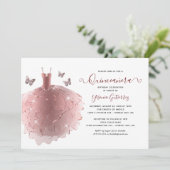 Elegante Rose Gold Glitzer Quinceñera Kleid Einladung (Stehend Vorderseite)