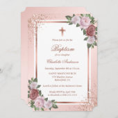 Elegante Rose Gold Glitzer Rosa Taufe Einladung (Vorne/Hinten)