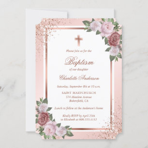 Elegante Rose Gold Glitzer Rosa Taufe Einladung