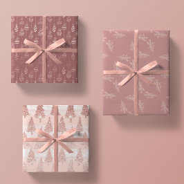 Elegante Rose Gold Glitzer Rosa Weihnachts-Trio-Ge Geschenkpapier Set