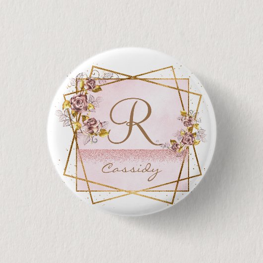 Elegante Rose Gold Glitzer Rose Monogram Button (Vorderseite)