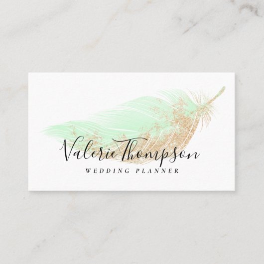 Elegante Rose Gold Glitzer schick Minze Feder mode Visitenkarte (Vorderseite)