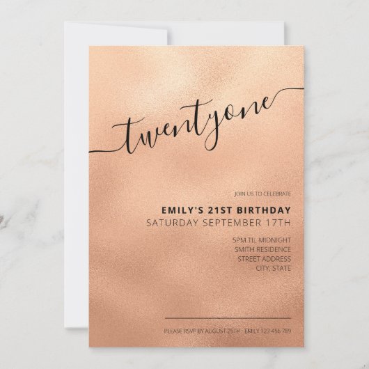 Elegante Rose Gold Glitzer Script 21. Geburtstag Einladung (Vorderseite)
