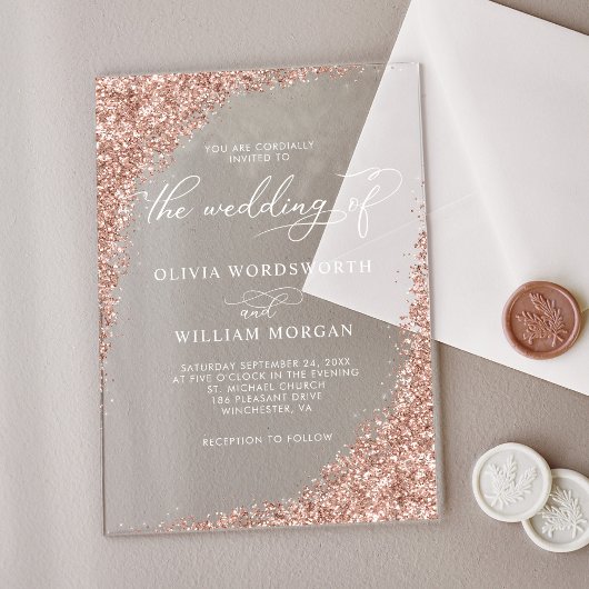 Elegante Rose Gold Glitzer Script Hochzeit Acryleinladungen