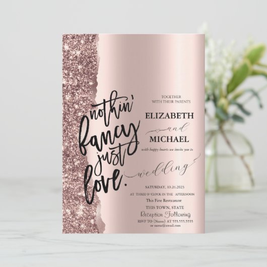 Elegante Rose Gold Glitzer Script Hochzeit Einladung (Stehend Vorderseite)