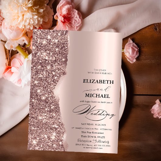 Elegante Rose Gold Glitzer Script Hochzeit Einladung