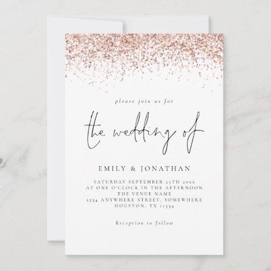 Elegante Rose Gold Glitzer Script Hochzeit Einladung (Vorderseite)