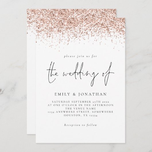 Elegante Rose Gold Glitzer Script Hochzeit Einladung (Vorne/Hinten)